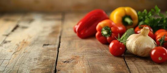 Poster - Position a collection of fresh organic vegetables on a wooden surface to create a visually appealing copy space image
