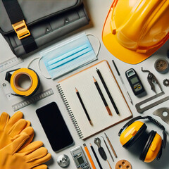 Work health and safety flat lay. Labor personal protective gear for industry and construction site 