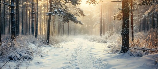 Poster - A scenic wintry path meanders through a snowy forest setting with a captivating copy space image