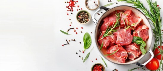 Poster - Copy space image of a clear pot filled with raw meat surrounded by spices and herbs on a white backdrop