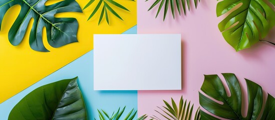 Aufkleber - Tropical leaves placed with a blank card on a colorful backdrop ideal for copy space image