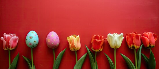 Aufkleber - A row of tulips with Easter eggs against a red backdrop makes a festive copy space image