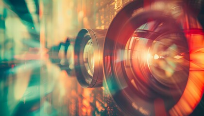 Canvas Print - camera lens closeup lit by orange and purple neon light