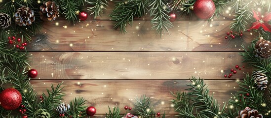 Aufkleber - Natural light wooden plank background adorned with fir and Christmas baubles providing a serene setting for copy space image
