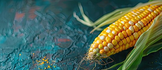 Poster - A yellow corn cob with green husk on a bright surface providing copy space for text or images is shown in close up