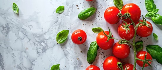 Poster - Top down view flat lay of vibrant garden tomatoes and basil leaves on a kitchen table with copy space image