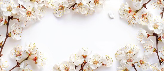 Aufkleber - Top view of apricot blossoms creating a spring frame on a white background with copy space image embodying the essence of the spring season