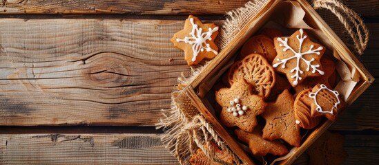 Poster - Eco style Christmas gift homemade cookies in a wooden basket displayed in a flat lay composition with copy space for an image