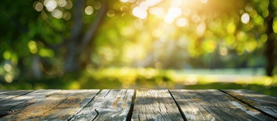 Poster - Blurry nature background with a table top perfect for adding text or graphics with copy space image