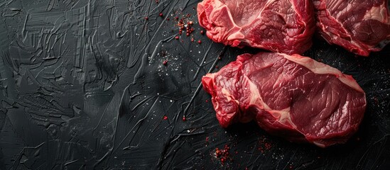 Aufkleber - Close up shot of raw meat on a black backdrop with copy space image
