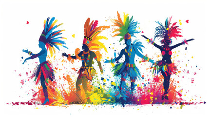 Wall Mural - Colorful silhouettes of dancers in traditional carnival costumes against a white background, celebrating with energy and motion.