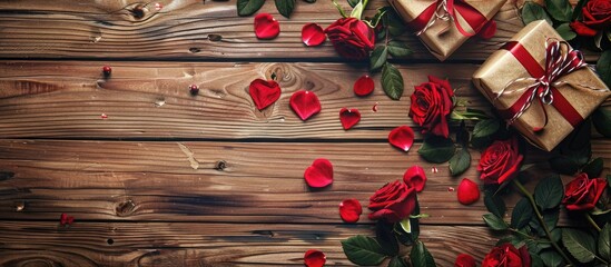 Poster - Valentine s Day greeting card concept with red roses and a gift box on a rustic wooden backdrop ideal for custom text. copy space available