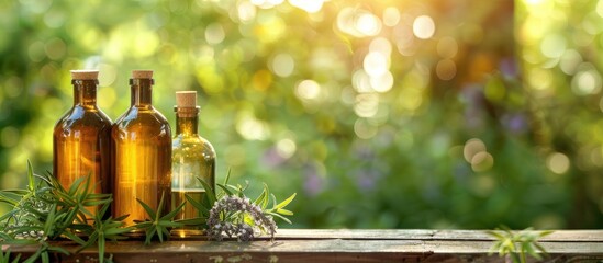 Wall Mural - Glass bottles on a wooden bar with selective focus and a blurred background set against a sunny green nature backdrop ideal for cosmetics or herb copy space images