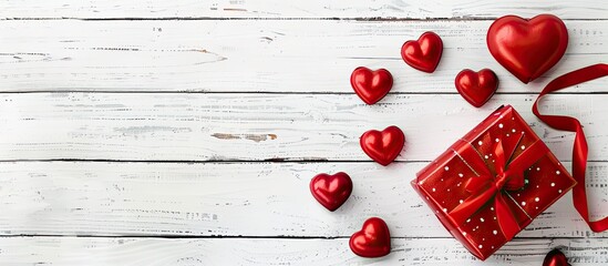 Poster - Red toy hearts and a gift box for Valentine s Day arranged on a white wooden table with a top down view and space for adding images. copy space available