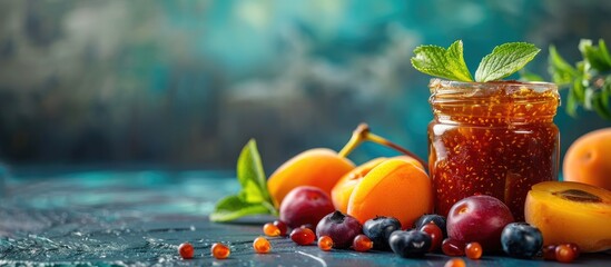 Poster - Jam jar placed on a table with apricot jam and fresh fruit creating a vibrant display with a copy space image
