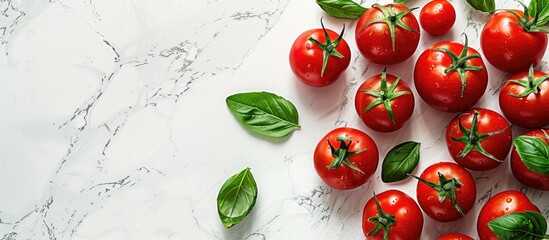 Poster - Top down view flat lay of vibrant garden tomatoes and basil leaves on a kitchen table with copy space image
