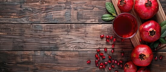 Poster - Pomegranate fruit and a glass of red juice on wooden boards with copy space image