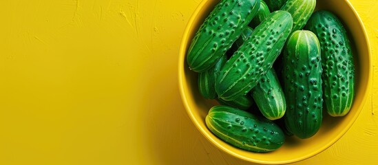 Aufkleber - A plethora of ripe green cucumbers neatly arranged in a yellow bowl for a top view close up shot perfect for a copy space image