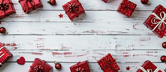 Fototapete - Red Christmas gift boxes arranged at the edge of a white wooden panel with space for adding text or images for a complementing look. copy space available