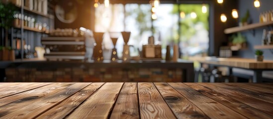 Aufkleber - Empty brown wooden table with a blurred coffee shop background perfect for product display or photomontage with copy space image