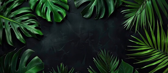 Poster - An exotic summer themed banner featuring dark tropical elements like vivid green palm leaves forming an unusual border on a black background with room for text or images. copy space available