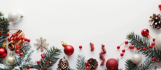 Poster - Festive holiday arrangement with tinsel straw toys evoking Christmas winter and New Year vibes on a white background with a flat layout and top view ideal for a copy space image