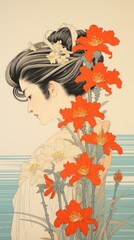 Canvas Print - Traditional japanese wood block print illustration of woman with daisy over ear flower painting drawing.