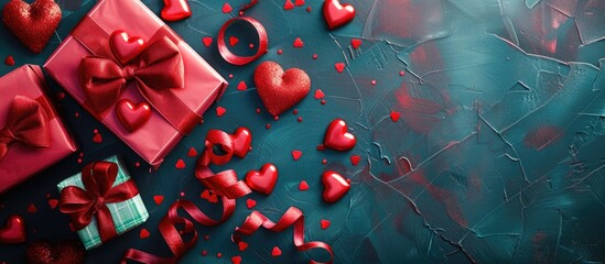 Aufkleber - Colorful Valentine s Day design featuring gift boxes red fabric hearts and a copy space image all captured from a top down perspective