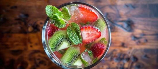 Poster - An overhead view of a refreshing strawberry and kiwi mojito in a glass on a wooden table with ample space for additional images