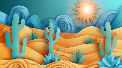 Wall Mural - A desert scene with paper cut cacti, a radiant sun, and swirling sand dunes, highlighting the beauty and solitude of desert ecosystems.