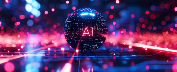 Poster - glowing holographic text AI on a sphere with circuit board patterns floating in space, 