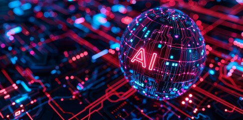 Poster - glowing holographic text AI on a sphere with circuit board patterns floating in space, 
