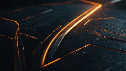 Poster - Intricate pattern of glowing lines traces angular shapes on dark, textured surface. Golden light emanating from cracks adds mysterious, futuristic feel to stone, metal material.