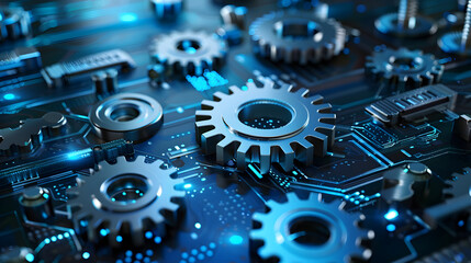 Gears mechanism, digital transformation, data integration and digital technology concept. Generative Ai.