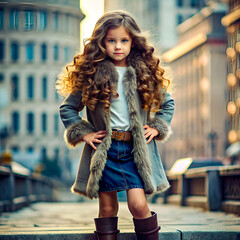 A full body of a really beautiful 5-year-old girl with curly hair in a coat