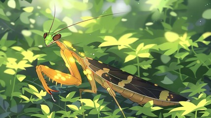 Canvas Print -   A close-up of a grasshopper perched atop tall grass blades, surrounded by a sea of lush green foliage