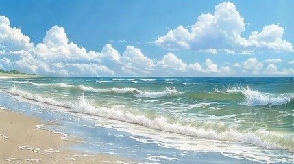 Poster -   Beach scene with blue sky, white clouds and wavy waters