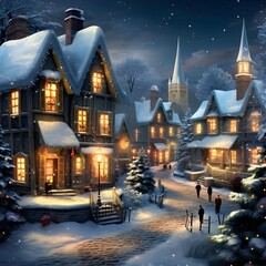 Winter night in the village. Christmas and New Year background. 3d illustration