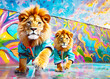 © jobi_pro - Pair of Amazing Lions Walking Along Vivid Colored Street Art