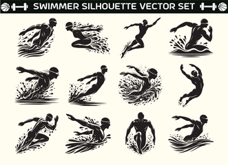 swimmer silhouette vector in illustration set