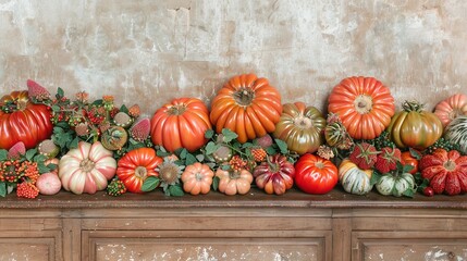 Poster -   A cluster of pumpkins arranged on a wooden shelf with adjacent pumpkins on a table