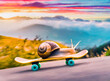 © jobi_pro - Adorable tiny snail skateboarding on the mountain slope