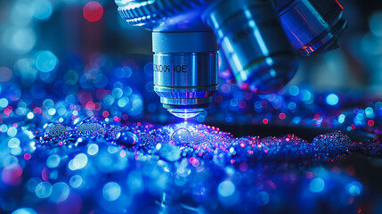 Poster - Biotechnology and natural universe explored through a microscope, with a focus on the DNA structure observed at a microscopic or submicroscopic level.