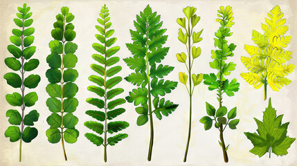 Poster -   A painting of diverse leaves on a white canvas, featuring a yellow bloom, a verdant foliage plant, and a lush green foliage