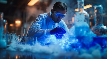 Poster - Blue substance under study in the lab by a scientist, paving the way for advancements in medical pharmaceuticals and biotechnology, highlighting the fusion of science and chemistry.