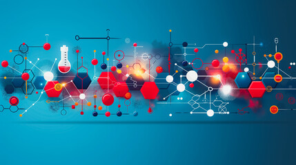 Poster - flat color background with geometric shapes and molecular models, featuring detailed biotechnology c