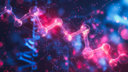 Poster - Detailed flat color background with a combination of geometric shapes and molecular structures, emphasizing biotechnology components like DNA strands and lab equipment.