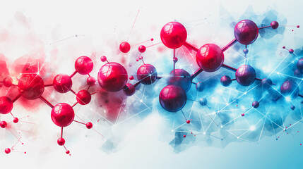 Poster - Detailed flat color background with a combination of geometric shapes and molecular structures, emphasizing biotechnology components like DNA strands and lab equipment.