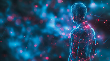 Poster - Holographic representation of the human body schematic with neural connections and organ structures, set against a luminous, abstract background to highlight future biotechnology in digital art.