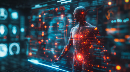 Poster - Future biotechnology concept represented by a holographic schematic of the human body, including neural and organ structures, on an abstract background with glowing light effects.